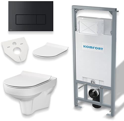 BADLAND WC Set: Vorwandelement C201 + Wand Tiefspül WC City CleanOn Weiß + Betätigungsplatte Schwarz M578 + Slim WC-Sitz mit Soft-close + Schallschutzmatte