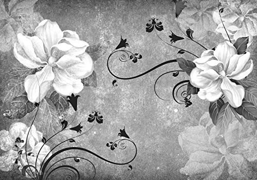 wandmotiv24 Fototapete Blüten Beton Ornament Grau, 200 x 140cm - selbstklebende Strukturtapete, Wanddeko, Wandbild, Wandtapete, Blumen, Weiß M1642