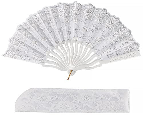 Handfächer Hochzeit Fächer Weiß Glitzer Spitzen Faltfächer Vintage Hochzeitsfächer für Brautaccessoires 20er Jahre Kostüm Damen 1920s Mottoparty Ball Tee Party usw.