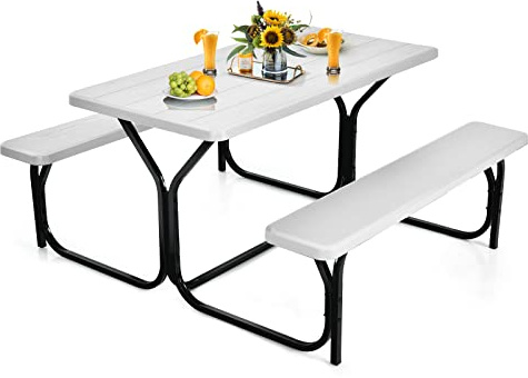 KOMFOTTEU Öltält-set, hopfällbart, trädgårdsset med 1 bord och 2 bänkar, festtält-set, vikbart och utrymmesbesparande, trädgårdsmöbelset 136,5 x 149 x 72 cm, bärbart sittset för utomhusbruk (vit)