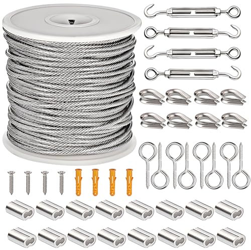 50M 2mm Drahtseil Edelstahl, 304 Edelstahl Stahlseil Kit, Drahtseil Rankhilfe Set, Stahlseil Ummantelt mit ösen, M5 Spannschloss Seilspanngarnitur, für Gardinenseil, String Light Suspension (45PCS)