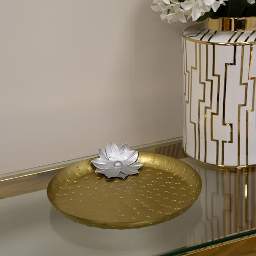 Decorative Antique Brass Serving Dish Tray Diwali Navratri Indian Occasions Festival Lotus Flower Star Embossed Plate Party Home Decor