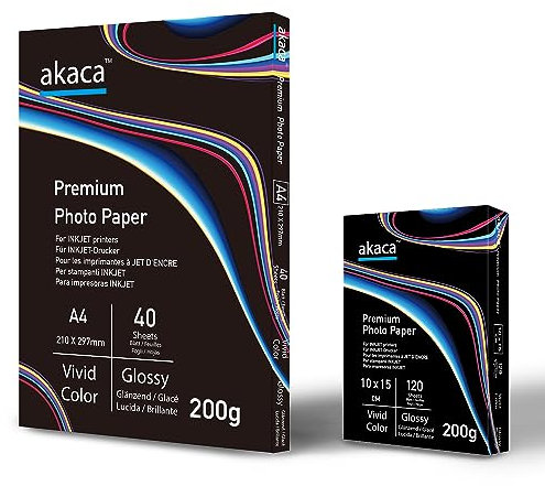 akaca Fotopapier Glänzend A4 (200g A4 | 40 Blatt + 200g 10x15 | 120 Blatt) Premium Glossy Photo Paper, Photopapier für alle Tintenstrahldrucker