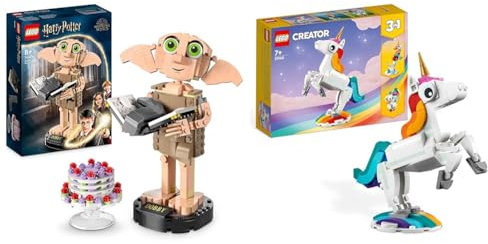 LEGO 76421 Harry Potter Dobby der Hauself Set & 31140 Creator 3in1 Magisches Einhorn Spielzeug, Seepferdchen, Pfau, Regenbogen-Einhorn-Tierfiguren, Geschenk für Mädchen und Jungen, baubares Spielzeug