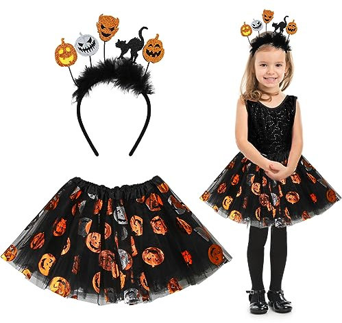 Aurasky Déguisement Halloween Fille, Costume Sorcière Enfant, Jupe Citrouille Fille, Halloween Carnaval Tutu, Costume Halloween Cosplay Fête Carnaval