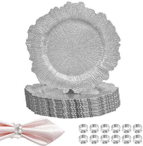 Trimming Shop 33cm Vintage Silver Glass Charger Plates with Hammered Design Napkin Rings Pack of 12 for Weddings, Parties, Dinner Table Decorations, Catering Events, and Birthdays.