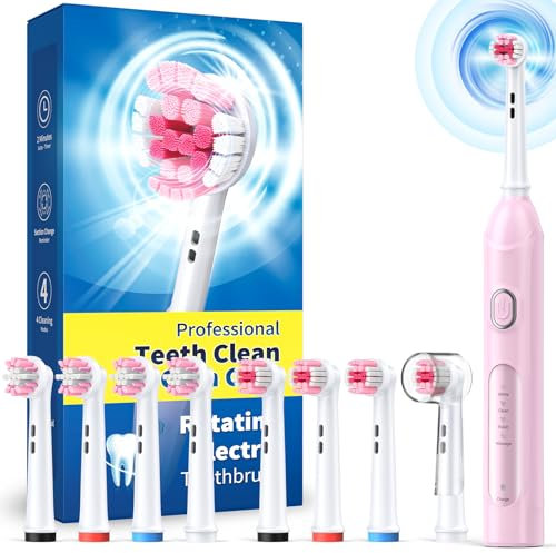 Brosse à dents électrique rotative pour adultes avec 8 têtes de brosse (2 types), puissance rechargeable et 2 minutes de temps intelligent, 4 modes de nettoyage (Rose)