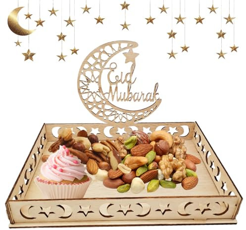 ARONRAVE Eid Mubarak Tablett Ramadan Teller Ramadan Tablett Eid Mubarak Tablett Ramadan Tablett Holz Ramadan Holz Tablett Mond Stern Serviertablett für Islam Party Eid Tische Ramadans Tischdekoration