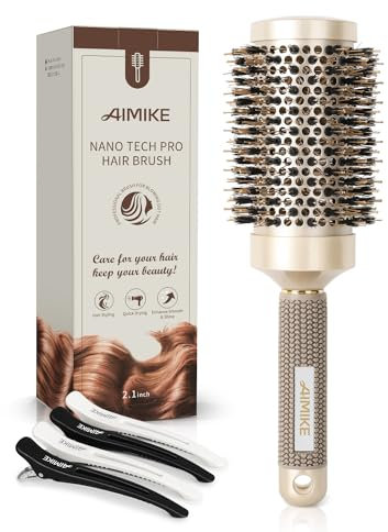 AIMIKE Grosse Rundbürste zum Föhnen für Lange Haare,Rundbürste Groß mit Wildschweinborsten und Rutschfestem Griff, Haarbürste Rund für das Trocknen der Haare, Glätte, Volumen und zum Glänzen-53MM