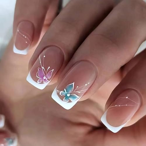 24pcs Short Square False Nails - French Tip White Edge & Nude Pink - Butterflies Pattern - Removable Glue-on & Full Cover - Women's Nail Art Accessories
