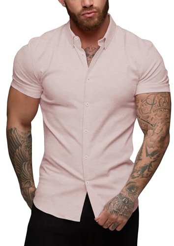 URRU Men's Muscle Dress Shirts Slim Fit Stretch Short Sleeve Casual Button Down Shirts for Men Leather Pink L