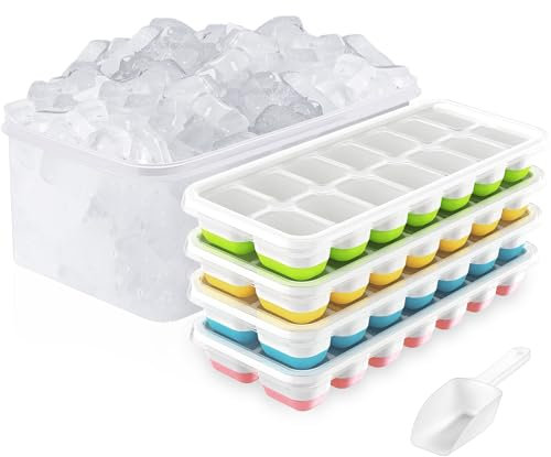 ilauke Silicone Ice Cube Tray with Lid & Bin, Set of 4 Ice Cube Moulds, Reusable Ice Trays for Freezer, Stackable Square Silicone Ice Mold with Storage Box, Making 56pcs Ice Cubes, Easy to Press