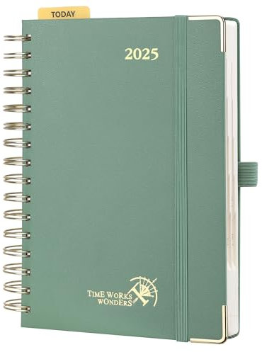 POPRUN Kalender 2025 Tagesplaner Ringbuch mit Hardcover 21,5 x 14,5 cm, Tageskalender A5 1 Tag 1 Seite (Montag - Sonntag), Terminplaner (Jan.2025-Dez.2025) mit Plastiklineal - Mitternachtsgrün