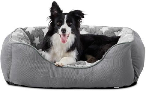 FURTIME Hundebett Kleine Hunde Hundekorb Waschbar Hundekörbchen rutschfeste Hundebetten Flauschig Hundematratze mit Erhöhte Ränder Weiches Hundesofa für Hunde Katze M(63x53x20cm) Grau/Sterne