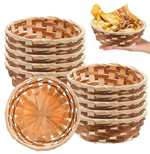 Cesta de pan de bambú – 10 cestas redondas tejidas para servir alimentos, 17 cm