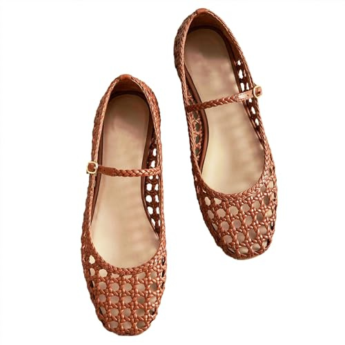Molozoey Woven Mesh Ballet Flats for Women with Metal Buckle Strap Comfortable Ballerina Flat Shoes Round Toe Mary Jane Flat Brown.
