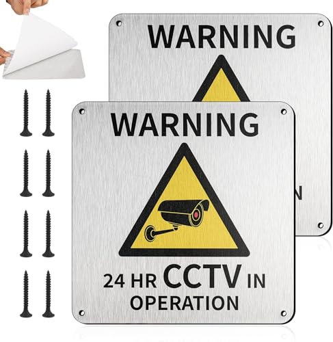 2 Pack CCTV In Operation Sign, 15 * 15cm Waterproof Self Adhesive CCTV Signs Outdoor Aluminum with Screws, Camera or Security Camera Signs for Store, Home, Office, Warehouse