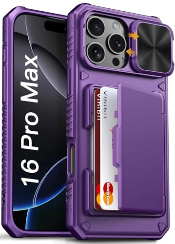 Vihibii for iPhone 16 Pro Max Case Wallet with Card Holder (4 Cards) [RFID Blocking] & Slide Camera Cover, Military Grade Drop Protection, Hard Back & Silicone Edge Phone Case, 6.9 2024, Dark Purple