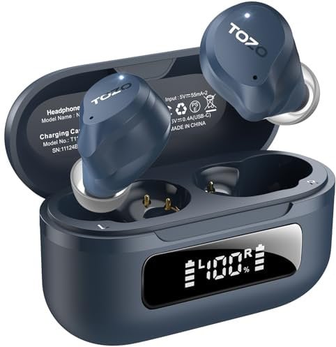 TOZO Hybrid Cuffie Bluetooth 5.3 con Ibrido ANC 6 Mics ENC ORIGX 2.0 Acustica EQs Regolazione 59 Ore Riproduzione LED Schermo USB Tipo C IPX8 Blu