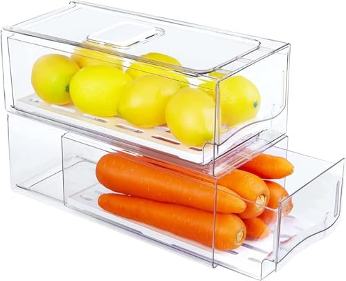 Malloom 2 Stück Kühlschrank Organizer, Doppelschichtige Stapelbare Aufbewahrungsboxen Durchsichtig für Kühlschrank, Schublade kühlschrank organizer mit Abtropfbrett für Küchen Schränke