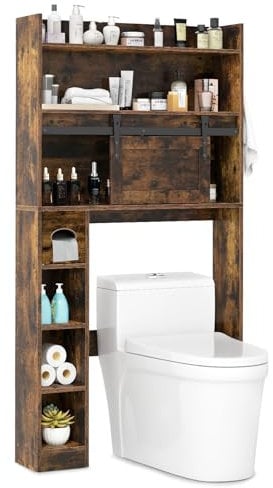 COSTWAY Over Toilet Storage Unit, Freestanding Bathroom Space Saver with Sliding Barn Door, Paper Holder and Adjustable Shelves, Wooden Above Cabinet Organizer Rack (Rustic Brown)