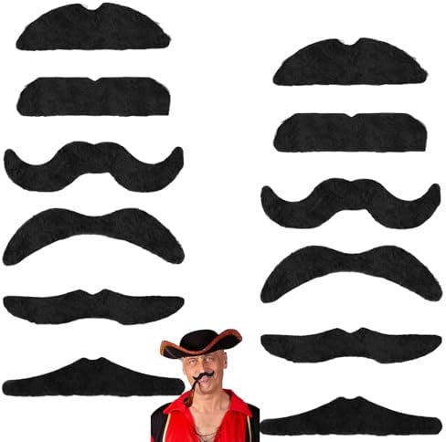 12 Stück Schnurrbart zum Ankleben,Fake Bart Selbstklebend,Schnurbart Kleben,Brusthaartoupet Moustache,Fake Beard,Falscher Bart 80er