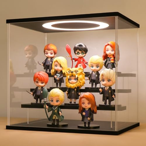 Huijintao Vitrine Acrylique, Vitrine pour Collection, Vitrine Figurine, Vitrine en Verre pour modèles, Figurines, Objets de Collection, avec éclairage LED, 4 étages, Noir (30x22,5x28 cm)