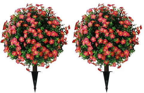 Sunnyglade 2 Stück künstliche Buchsbaum-Formschnitt-Kugelbäume mit roter Blume, künstliche Strauchbüsche mit Erdspieß, 64,8 cm, UV-beständige gefälschte Buchsbaumpflanzen für Innenbereich, Garten,