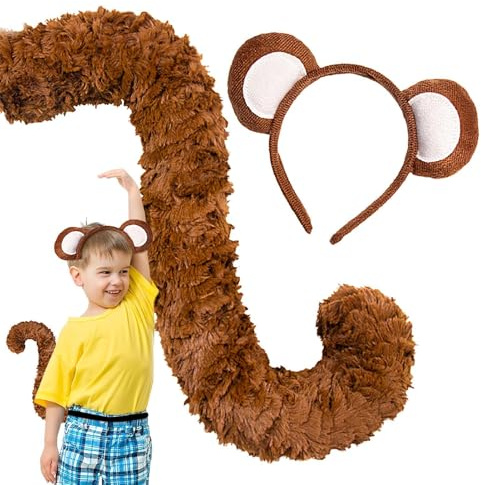 Affen-Haarreif und Schwanz-Kostüm-Set, Affen-Cosplay-Ohren und Schwanz - Affen-Kostüm für Erwachsene, Ohren, Stirnband und Schwanz-Set - Affen-Cosplay-Kostüm mit Ohren und Schwanz für Halloween, Gebur