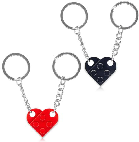 HSKRKOW 4 Stück Herz Schlüsselanhänger, Herzförmig Schlüsselanhänger Partner Für Beide Herzförmiger Baustein Schlüsselanhänger 2 Paar Für Valentinstag Weihnachten Geschenk(Schwarz/Rot)