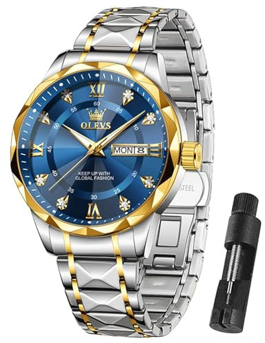 OLEVS Bicolor Armbanduhr für Herren Edelstahl Analog Herrenuhren Metallarmband Großes Blau Zifferblatt Männer Uhr Wasserdicht Leuchtende Business Kleid Herren Uhren mit Datum Diamant Geschenke