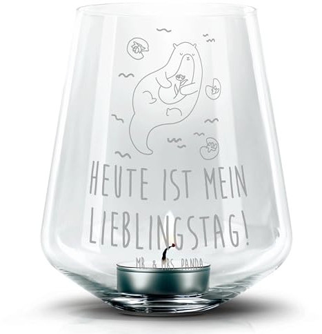 Mr. & Mrs. Panda Kerzenhalter Glas Otter Seerose - Geschenk, Wasser, Laterne, Teelichthalter, Windlicht, Seeotter, Fluss, Lieblingstag