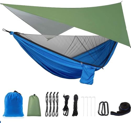 VNSMM Hamacas Camping Hamaca para Acampar con Tienda de Red, Correas para árboles, Hamaca portátil de paracaídas de Nailon Doble Individual para Viaje Hamac de Jardin(Blue)