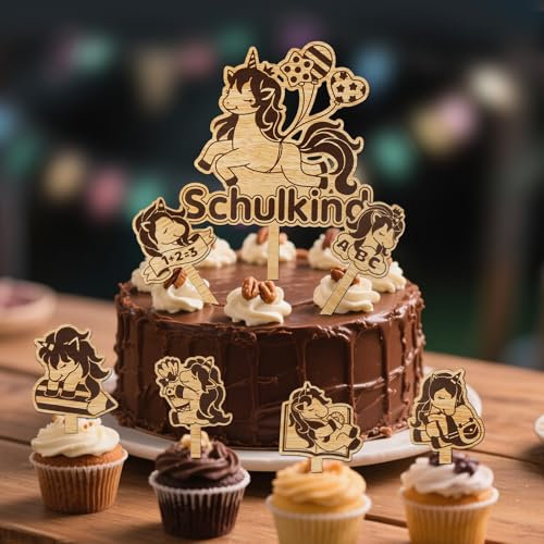 7 Stück Tortendeko Einschulung Holz, Einhorn Schulkind 2025 Cake Topper Junge Mädchen Einhörner kuchendeko Schulanfang Erster Schulta Deko, Schulstart Torten Deko Unicorn