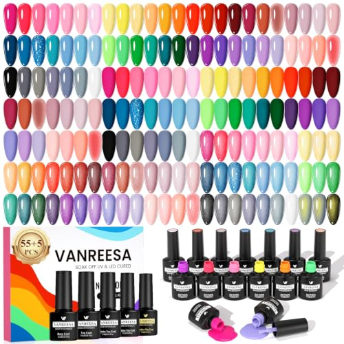 VANREESA U V Nagellack Set, 55 Farben U V Nagellack mit Unterlack und Überlack Rosa Rot Blau Grün Violett Gel Nägel Set Komplett für Anfänger Geschenk für Frauen