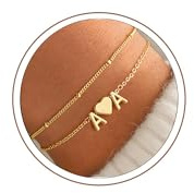 Turandoss Bracelet 2 Lettre Initiales Femme Or– Plaqué or 14 Carats Lettre Bracelet Personnalisé, Bijoux Cadeaux pour Femme, Petite Amie, épouse, Adolescente Cadeau Fille