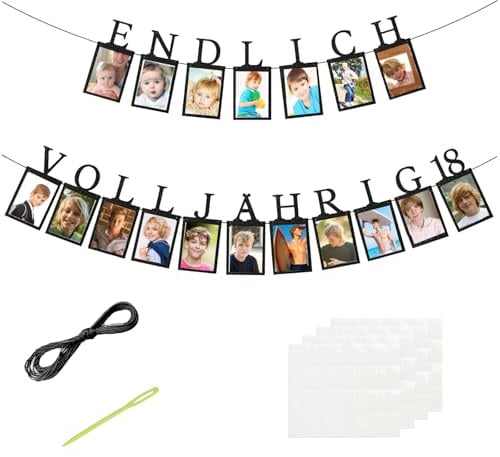 Girlande 18. Geburtstag Junge Schwarz - ENDLICH VOLLJÄHRIG 18 - Fotogirlande zum 18. Geburtstag - inkl. 18 Glitzerkarten für Fotos von 1 bis 18 Jahre - Meilensteine Geburtstagsdeko 18 Junge