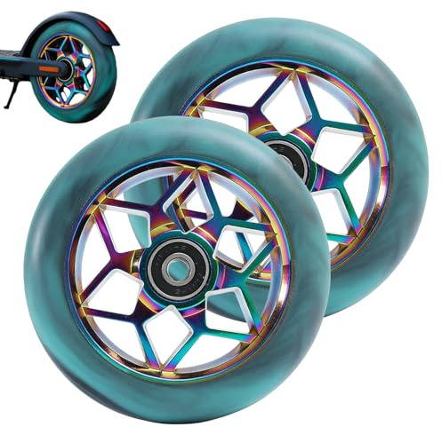 2 Stück Stunt Scooter Rollen 110mm, Scooter Ersatzräder 88A mit ABEC-9 Kugellager, Aluminium Speichenkern, langlebige ScooterRäder kompatibel mit Stuntscooter & Kickscooter (Bunt Blau)