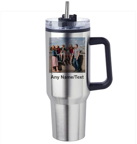 Getagift Personalised 40oz Travel Tumbler with Handle & Straw | Custom Name/Text with Your Own Photo | Stainless Steel Large Cup | Travel Water Bottle | Car Coffee Mug. (Silver)