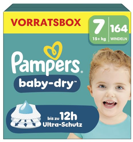 Pampers Baby-Dry Größe 7, 164 Windeln, 15kg+ | Bis zu 100% Auslaufschutz & Komfort die ganze Nacht