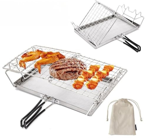 Grille-pain d'extérieur pliable en acier inoxydable pour barbecue, camping, gain de place, chaleur rapide, 90 secondes pour bagels artisanaux - Argent