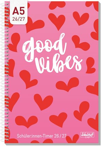 Häfft® Schulstuff Schüler:innen-Timer 2026 2027 A5 Red Hearts | Schülerkalender mit Spiralbindung für flaches Aufliegen & flexibles Umschlagen - Hausaufgabenheft, Schülerplaner