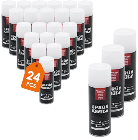 Spetebo Spray de tiza blanca soluble en agua, bote de 100 ml, juego de 24 unidades, spray de marcador para exteriores, lavable, tiza líquida, tiza para calles, tiza para suelo deportivo, césped
