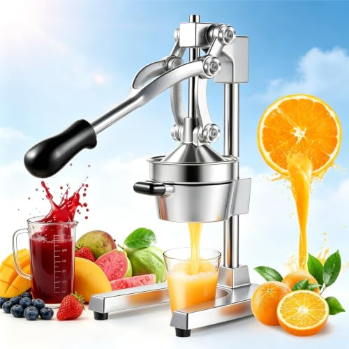 Professionnel Fonte Presse Agrumes Manuel avec Longue Poignée Ergonomique | Passoire et Entonnoir Acier Inoxydable 304, Extracteur de Jus, Rendement Élevé, pour Maison Bar à Jus Usage (Argent)
