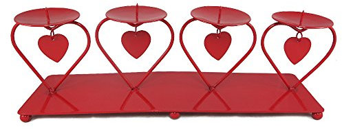 Decoline Metall Kerzenhalter mit Herz Anhängern 37x12cm für 4 große Kerzen - Kerzenleuchter - Kerzenständer (rot)