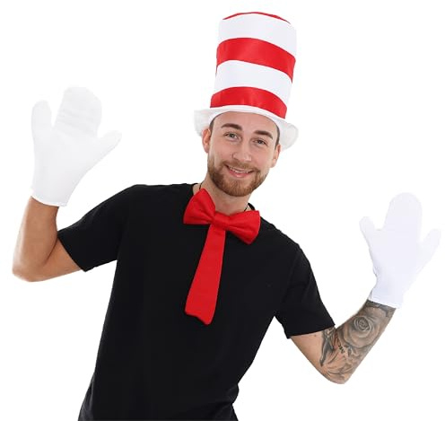Adults Cat Hat Accessory Set - Red and White Striped Hat, Large White Gloves and Deluxe Red Bow Tie - Adults Book Week Fancy Dress Costume Accessories