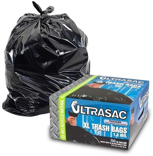 Ultrasac Lot de 50 grands sacs poubelle robustes de 45 gallons avec attaches) – 1,8 MIL – 96,5 x 114,3 cm – Grands sacs poubelle en plastique noir pour entrepreneur, industriel, maison, cuisine,
