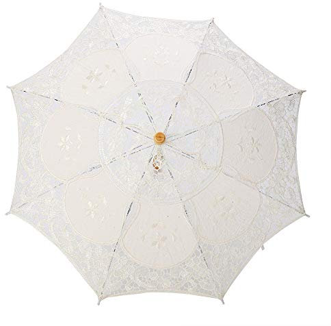 Fdit Sombrilla hecha a mano con encaje, bordado floral, para bodas, novia, fotografía, paraguas de seda, beige, large