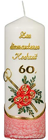 Meissner-Handel Auswahl * Stumpenkerze ''Zur Diamantenen Hochzeit'' * 6 x 18 cm * rot * mit farbigen Wachsauflagen * (Motiv 004) Auswahl Motiv + Farbe