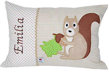 Glückspilz Namenskissen Babykissen I Eichhörnchen I mit Namen personalisiert I Geschenk zu Geburt, Taufe oder Geburtstag I Beige (25 x 35 cm)